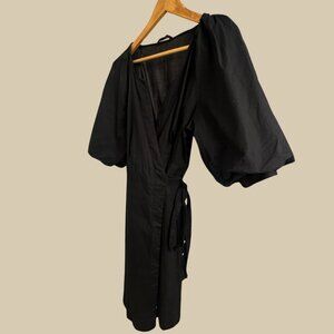 Banana Republic Black Wrap Dress Puff Sleeves Tie Waist Petite L